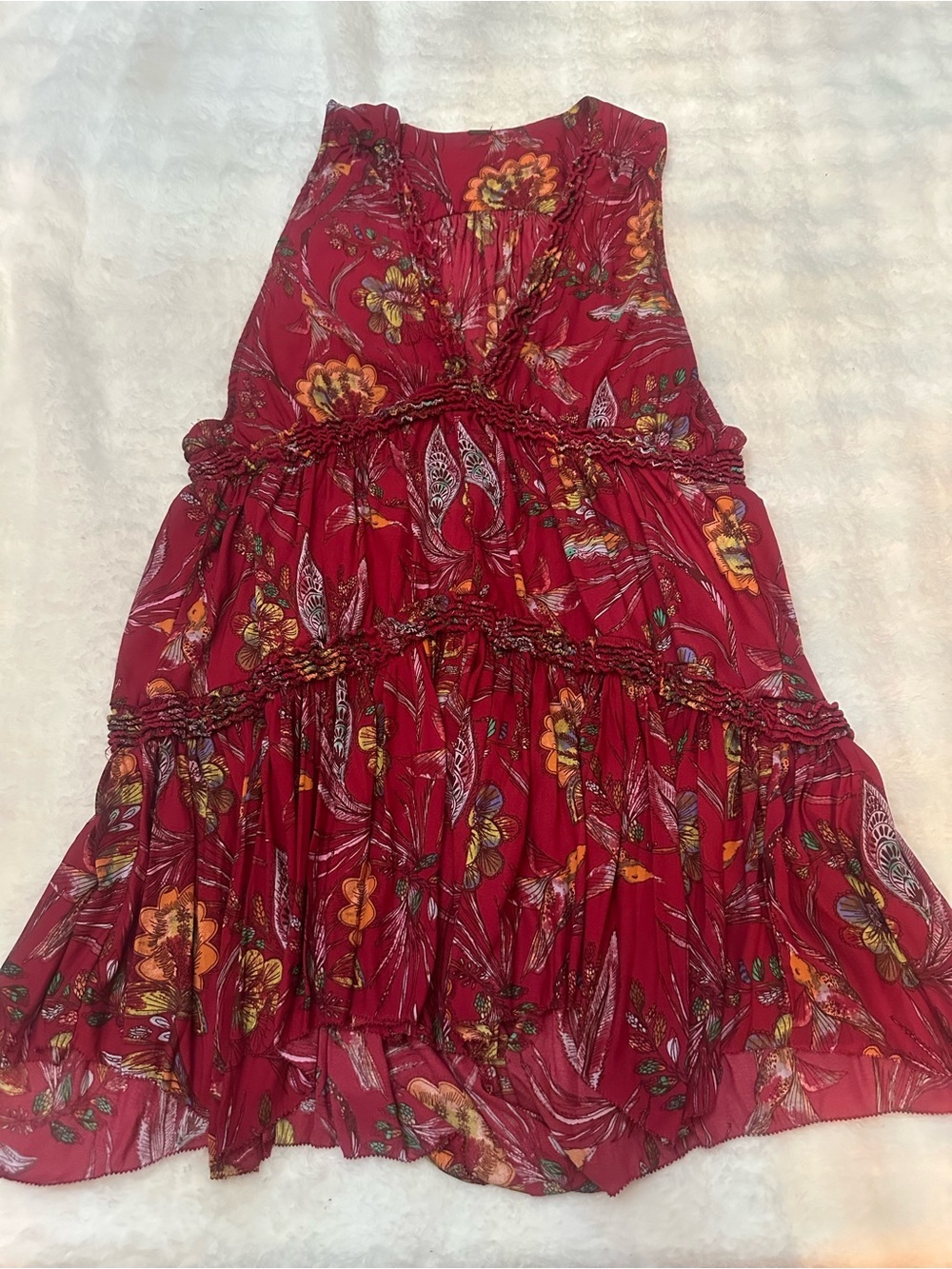 Free People Red Floral Hummingbird Tiered Boho Tunic Top 39269 - Picture 2 of 7